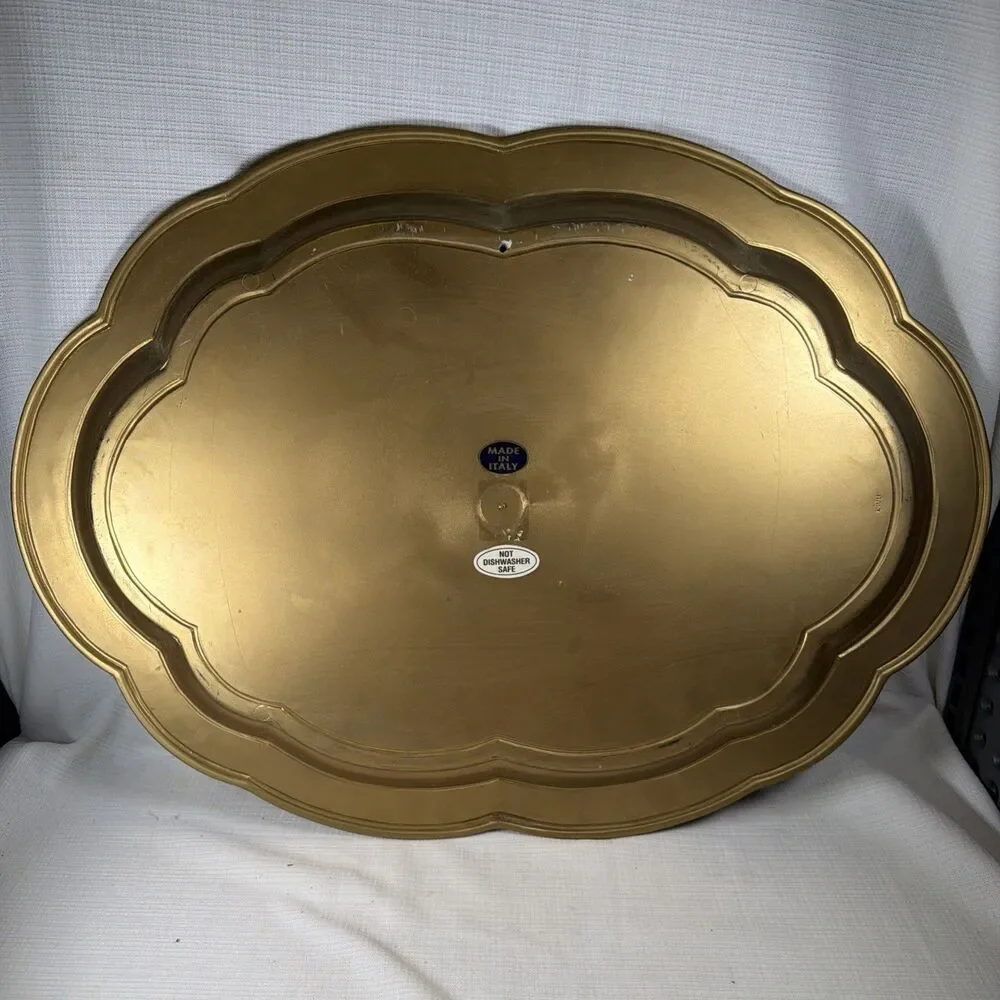Large Mid Century Florentine Faux Wood Tray Italy Scalloped Gold Vanity Tray